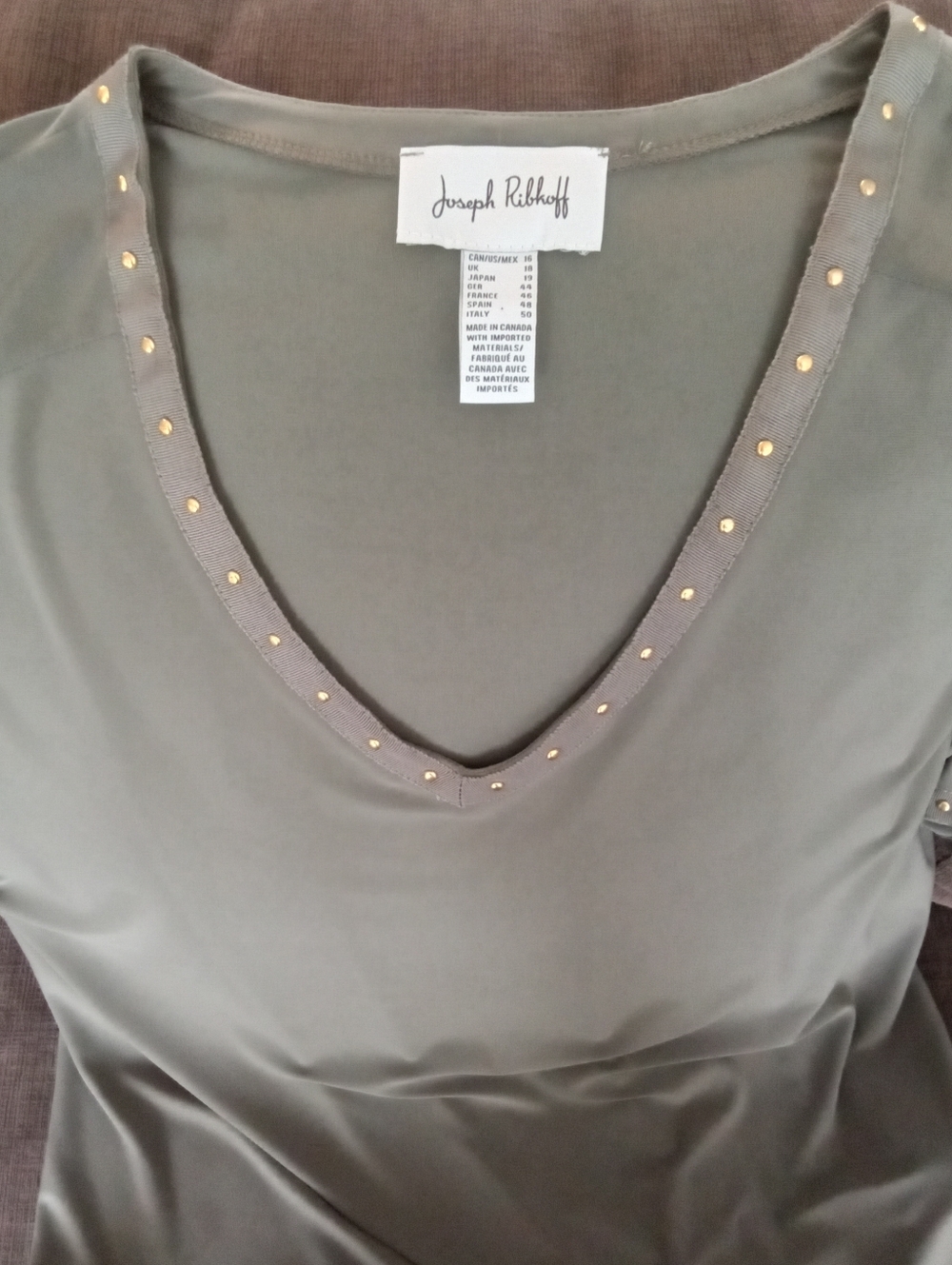 Joseph Ribkoff Olive Green Stud Trim V-Neck Top 16+ - Picture 4 of 8
